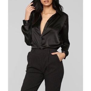 Black Satin Button Down Collared Shirt